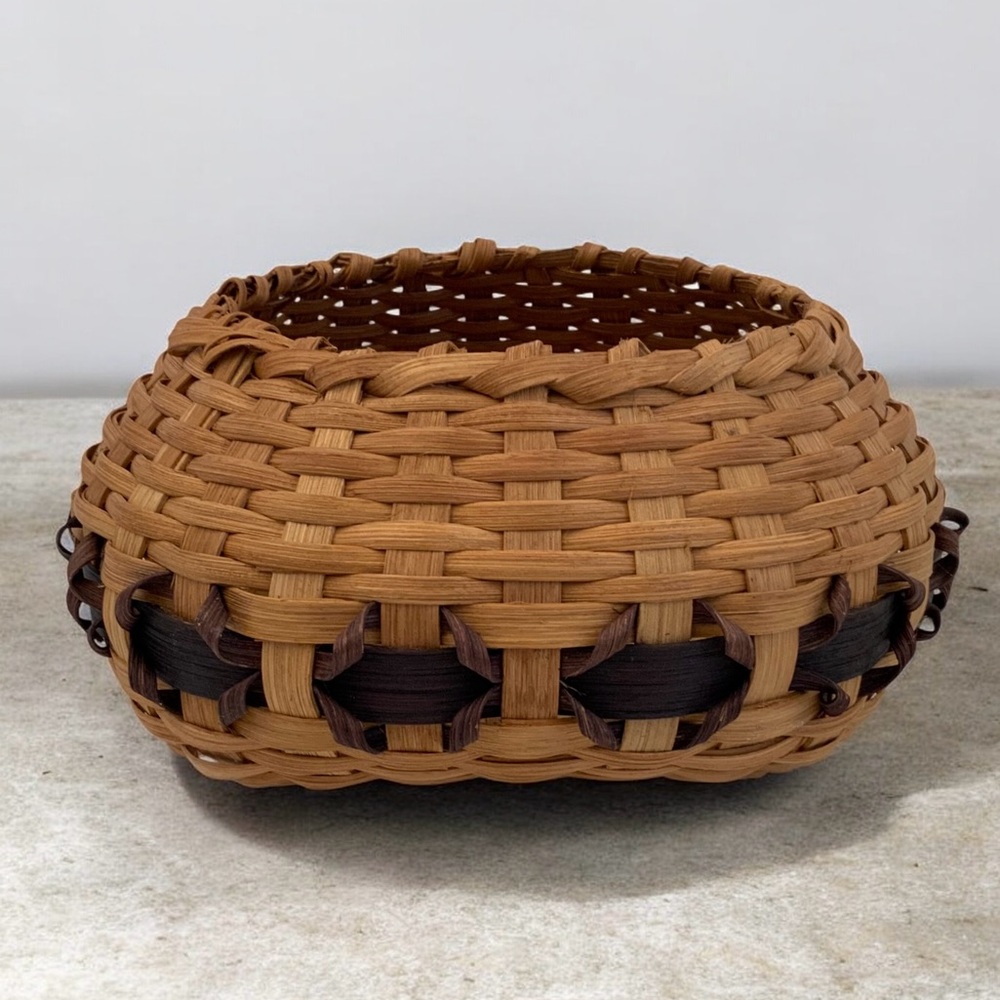 Artisan Crafted Curly Split Oak Basket By R. Riney, 2004, Round & Square Bottom